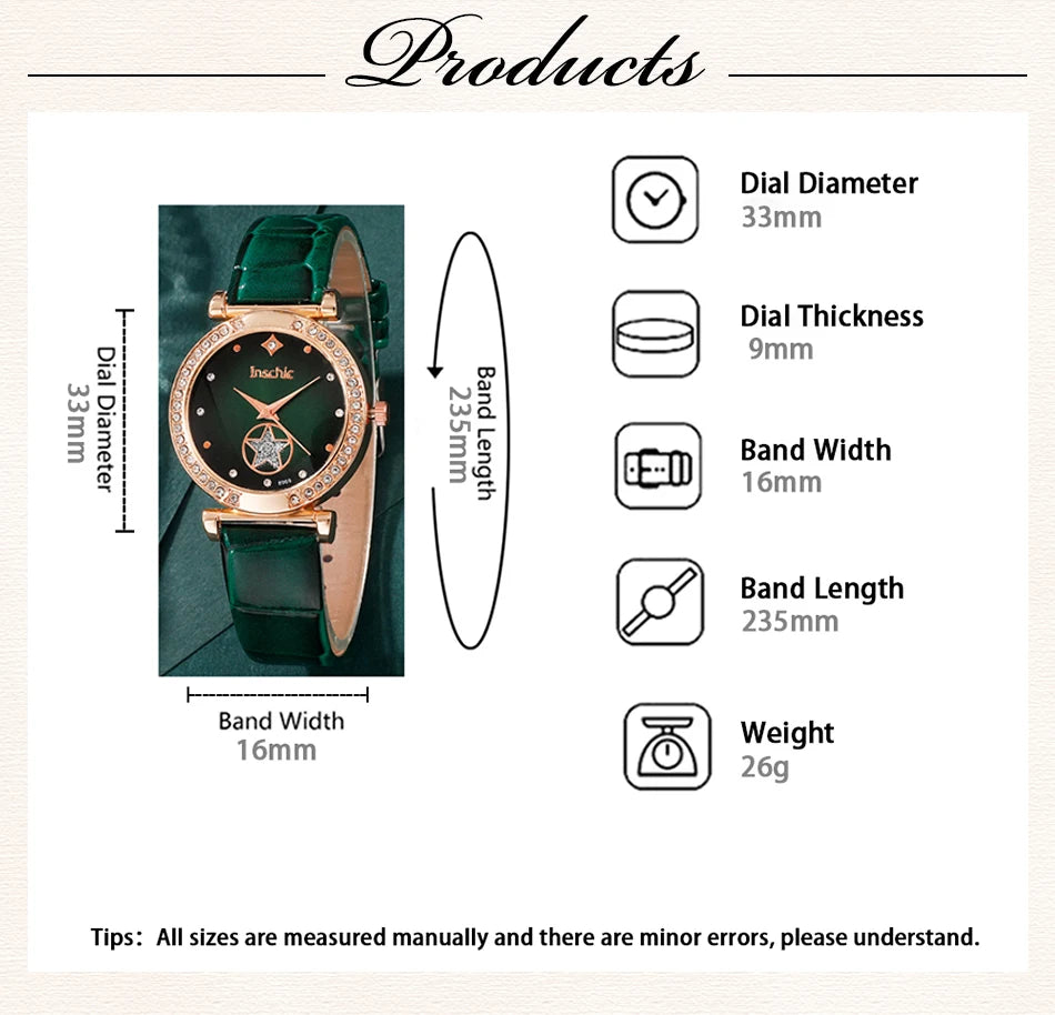 6PCS Set Green Luxury Quartz Watch Women Ring Necklace Earring Rhinestone Fashion Wristwatch Casual Ladies Bracelet Watches