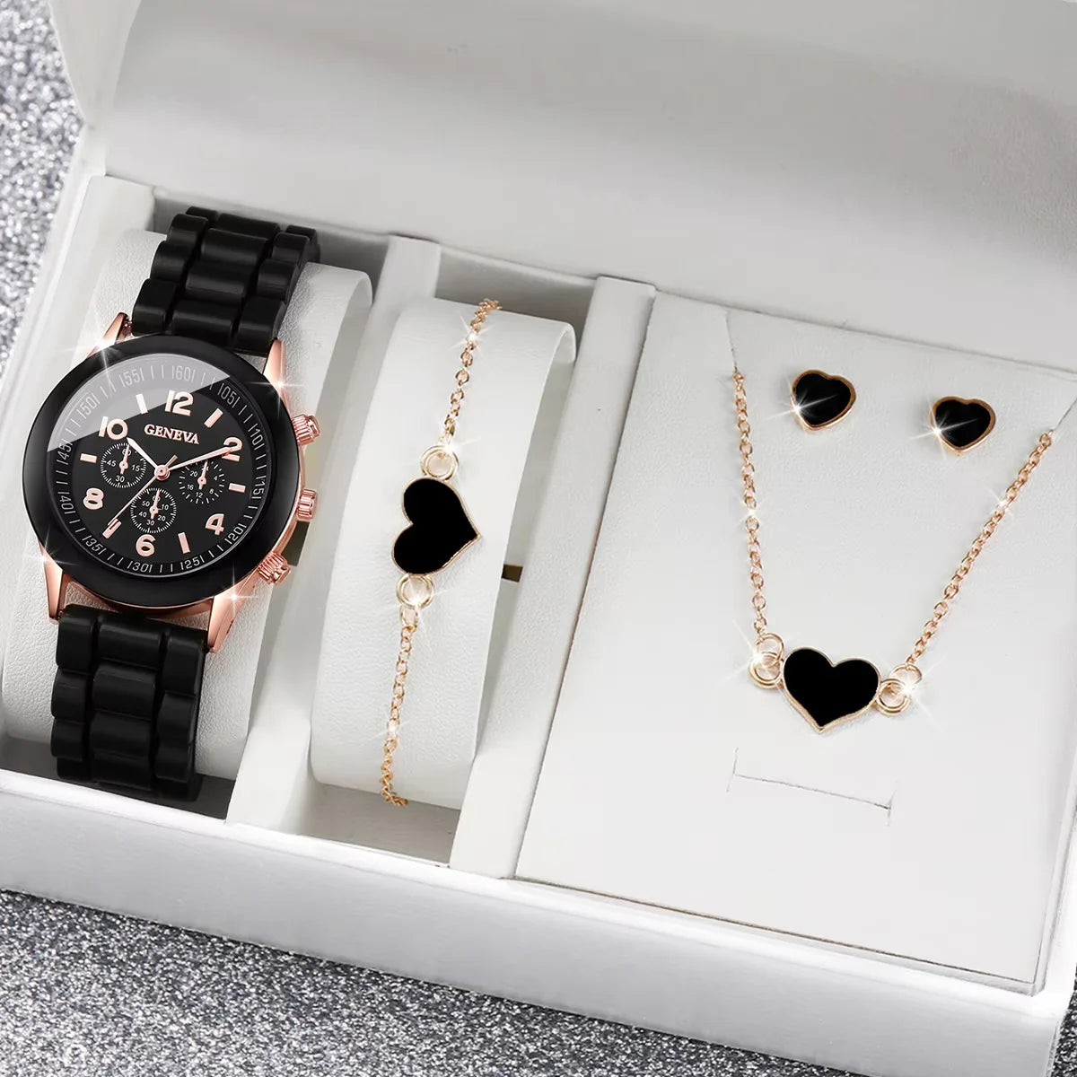 Geneva Watch Set - 4pcs Silicone Band Quartz Watches with Heart Jewelry