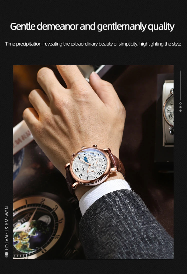 Montre homme CHENXI 973 à quartz, multifonctions, avec phase de lune et date, cadran analogique romain et bracelet en cuir. Idéale comme cadeau.