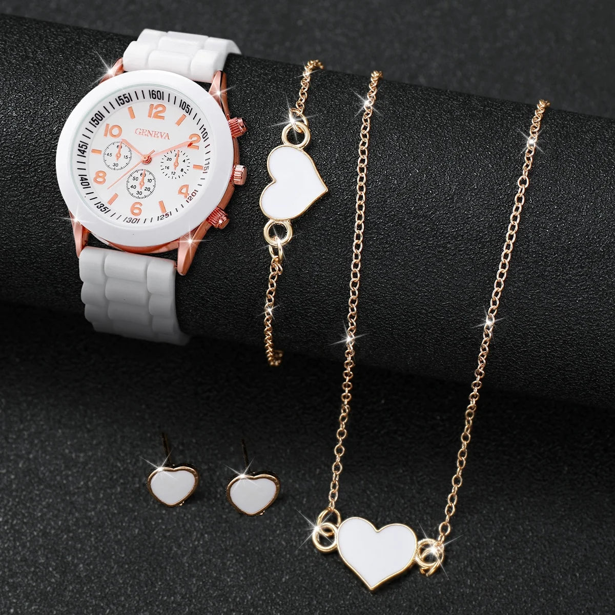 Geneva Watch Set - 4pcs Silicone Band Quartz Watches with Heart Jewelry