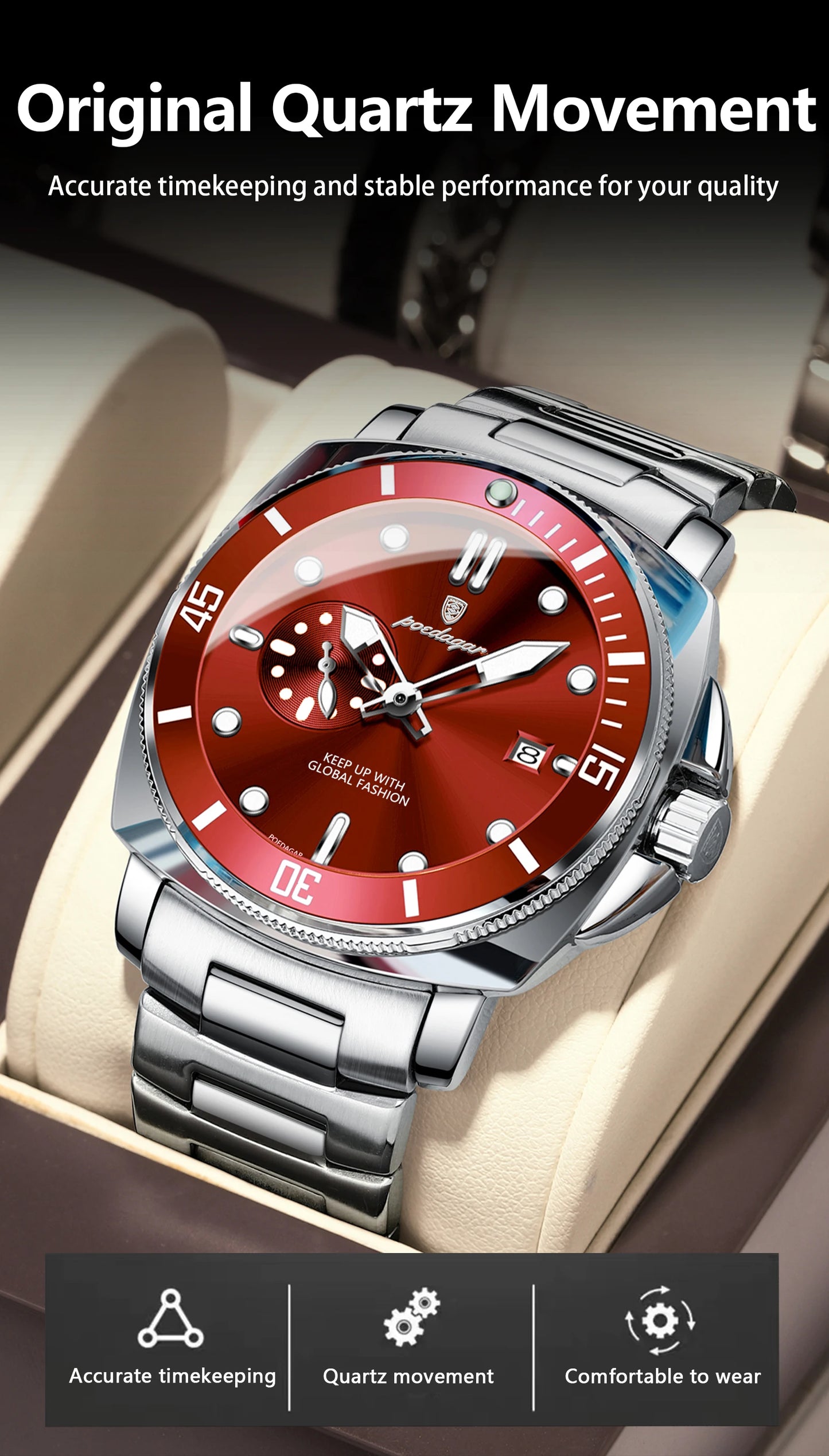 Montre-bracelet de luxe pour homme POEDAGAR, étanche, lumineuse, date, en acier inoxydable, à quartz, pour le sport et les affaires.