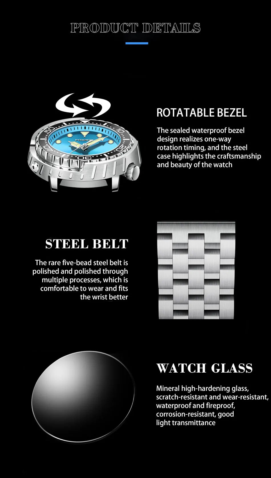 Montre homme FOXBOXE à quartz, style sport décontracté, étanche 5 ATM, avec affichage lumineux et lunette en acier, date.