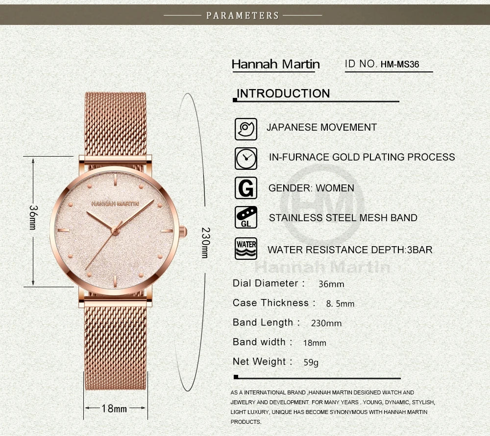 Montre femme Hannah Martin 2025 - Montre de luxe à cadran mat et bracelet en maille