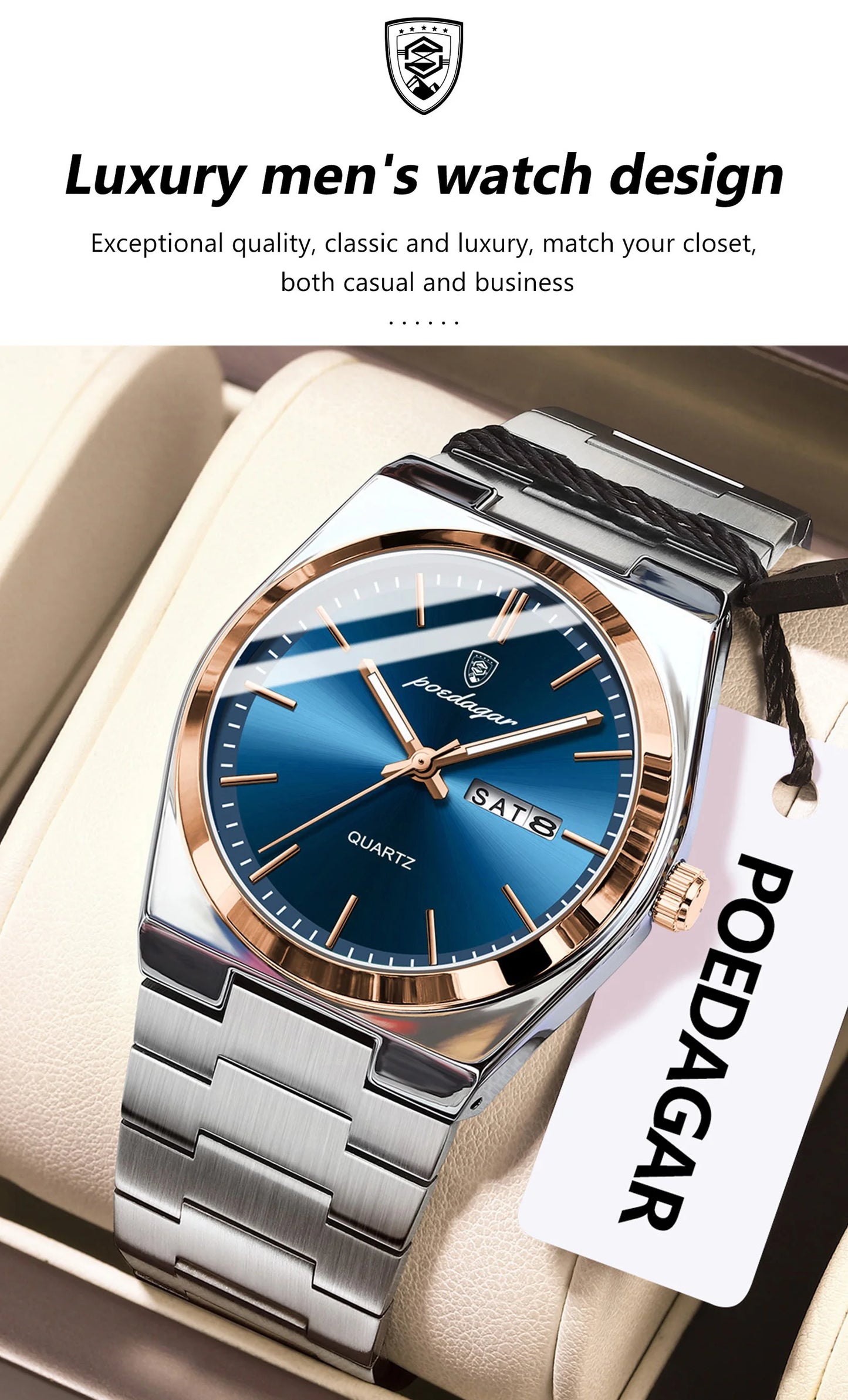 ساعة رجالية ماركة POEDAGAR للأزياء من الفولاذ المقاوم للصدأ مقاومة للماء ومضيئة للرجال ساعة تاريخ الأسبوع ساعات عمل كوارتز للرجال Reloj