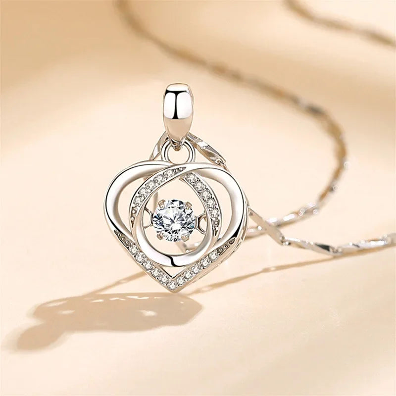 Jewelry Set - 925 Silver Heart Necklace Bracelet Korean Crystal Set