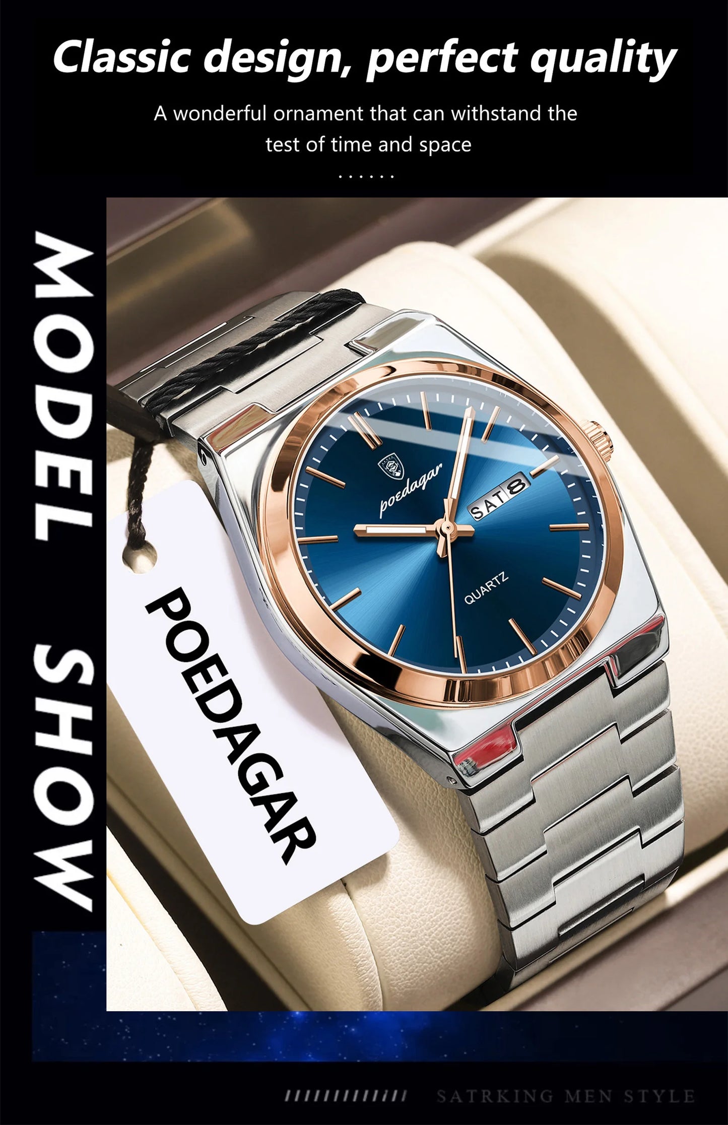 ساعة رجالية ماركة POEDAGAR للأزياء من الفولاذ المقاوم للصدأ مقاومة للماء ومضيئة للرجال ساعة تاريخ الأسبوع ساعات عمل كوارتز للرجال Reloj