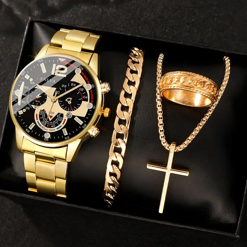 Men's Watch Set - 4pcs Gold Roman Calendar Watch Cross Necklace Bracelet Ring Set
