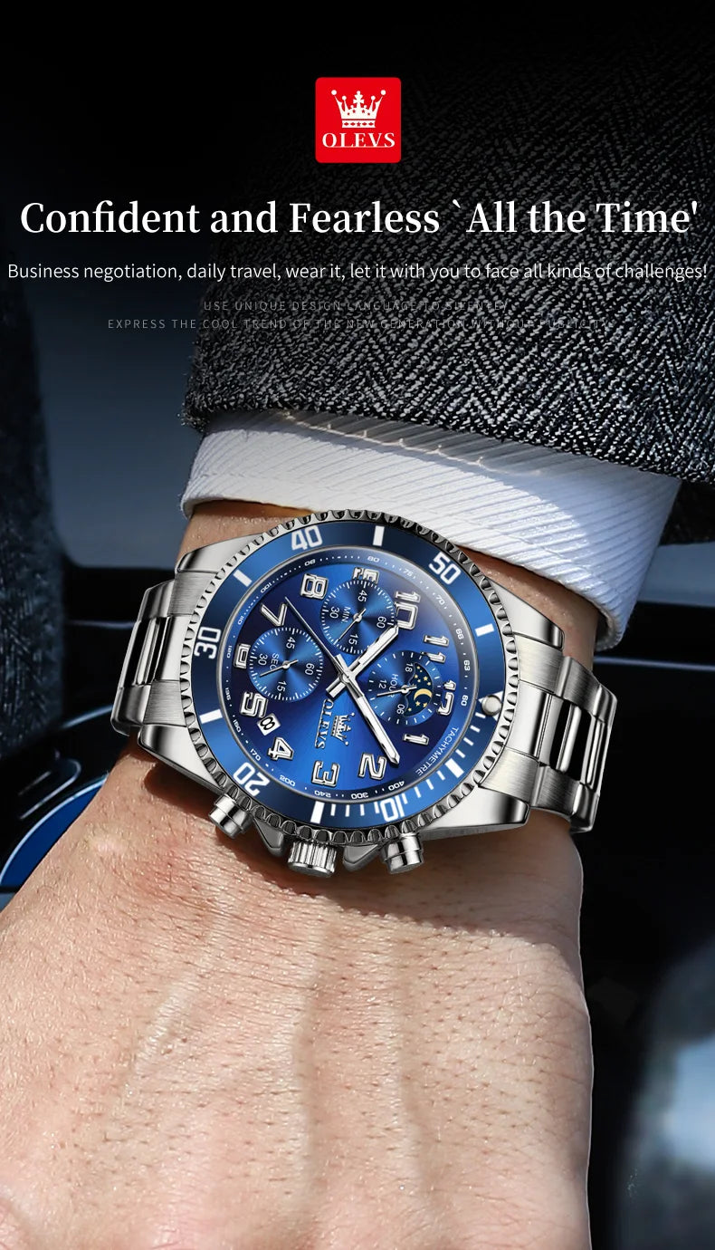 ساعات OLEVS 2926 للرجال ماركة أزياء جديدة فاخرة كوارتز ساعة بثلاثة موانئ صغيرة من الفولاذ المقاوم للصدأ ومقاومة للماء كرونوغراف