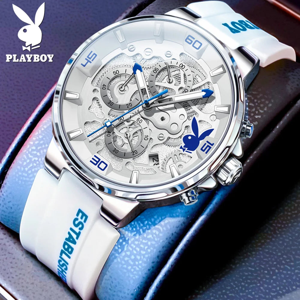 ساعة بلاي بوي الأصلية الفاخرة للرجال بحزام من السيليكون وساعة كوارتز أنيقة للرجال مقاومة للماء وساعة رياضية مضيئة للرجال