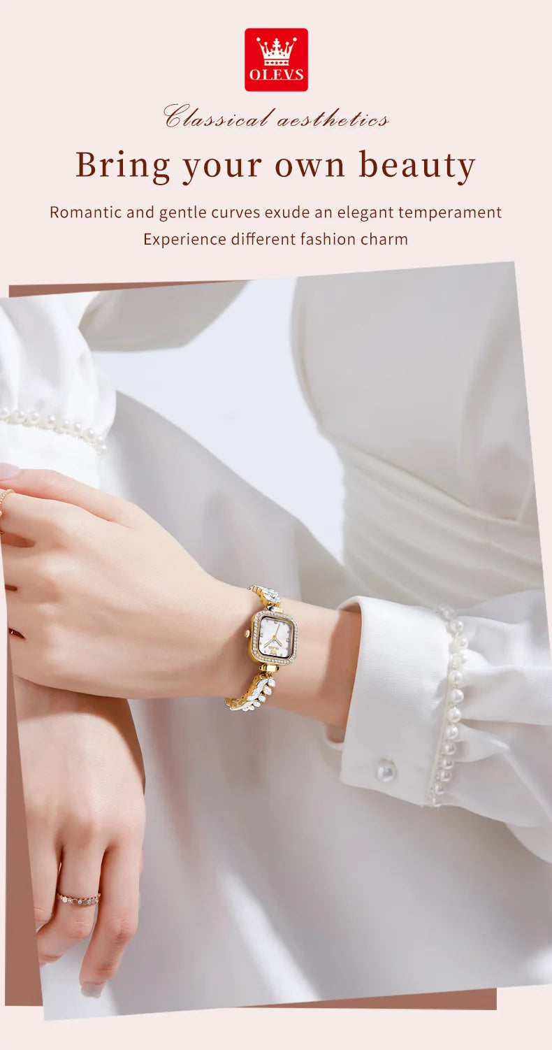 ساعة OLEVS 9987 النسائية - ساعة مربعة مقاومة للماء بسوار فولاذي