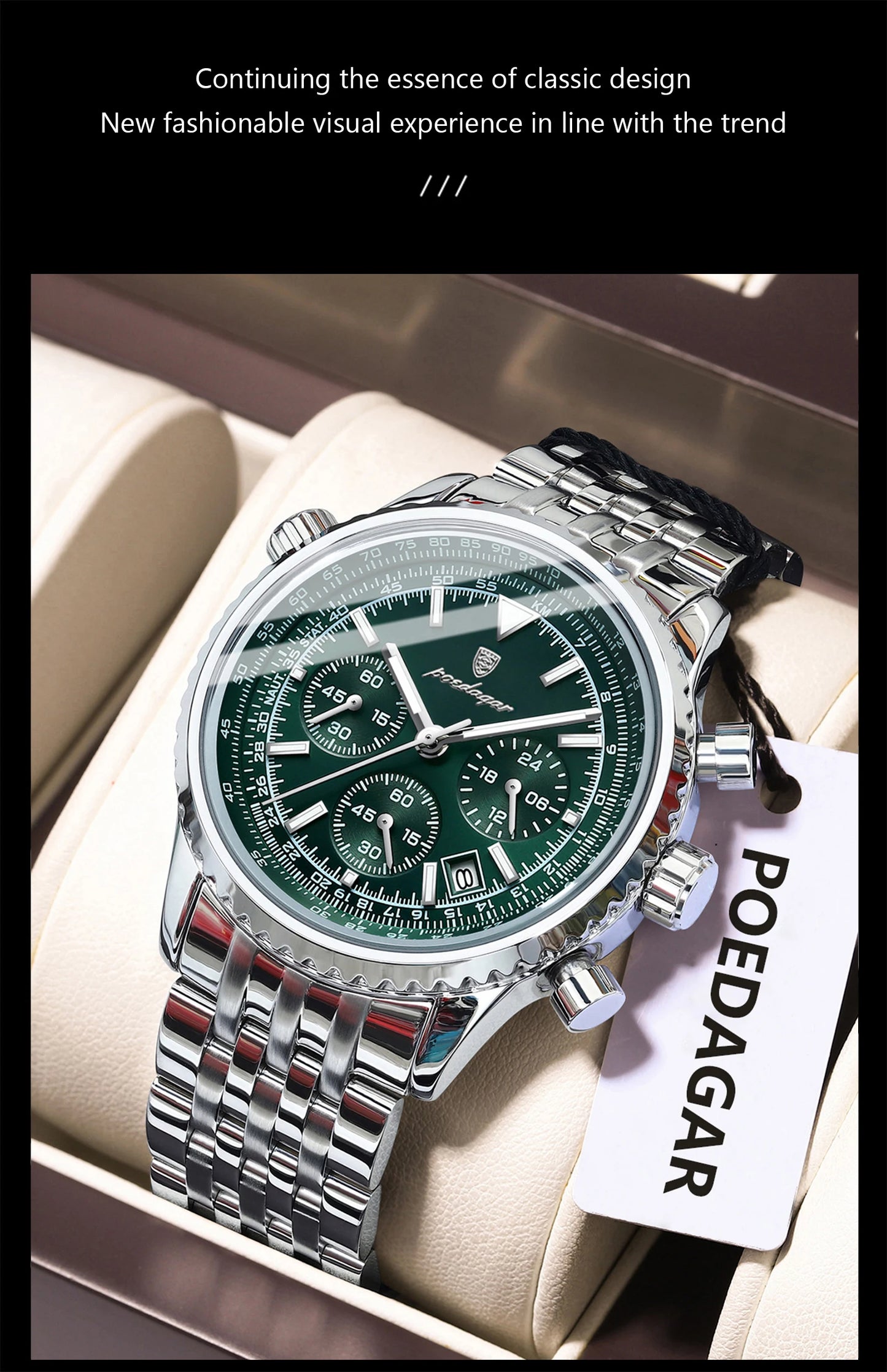 Montre-bracelet POEDAGAR pour homme, étanche, lumineuse, avec date et chronographe, de luxe, à quartz, en acier inoxydable.