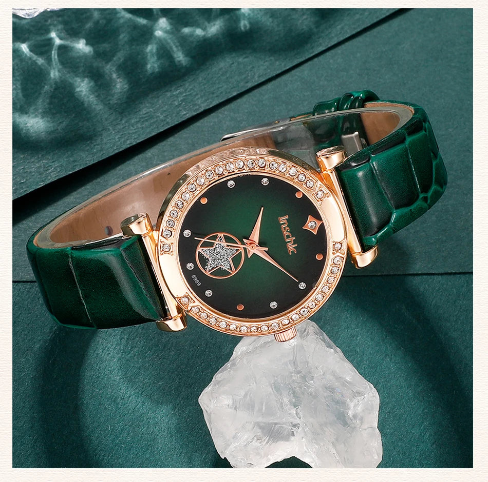 6PCS Set Green Luxury Quartz Watch Women Ring Necklace Earring Rhinestone Fashion Wristwatch Casual Ladies Bracelet Watches