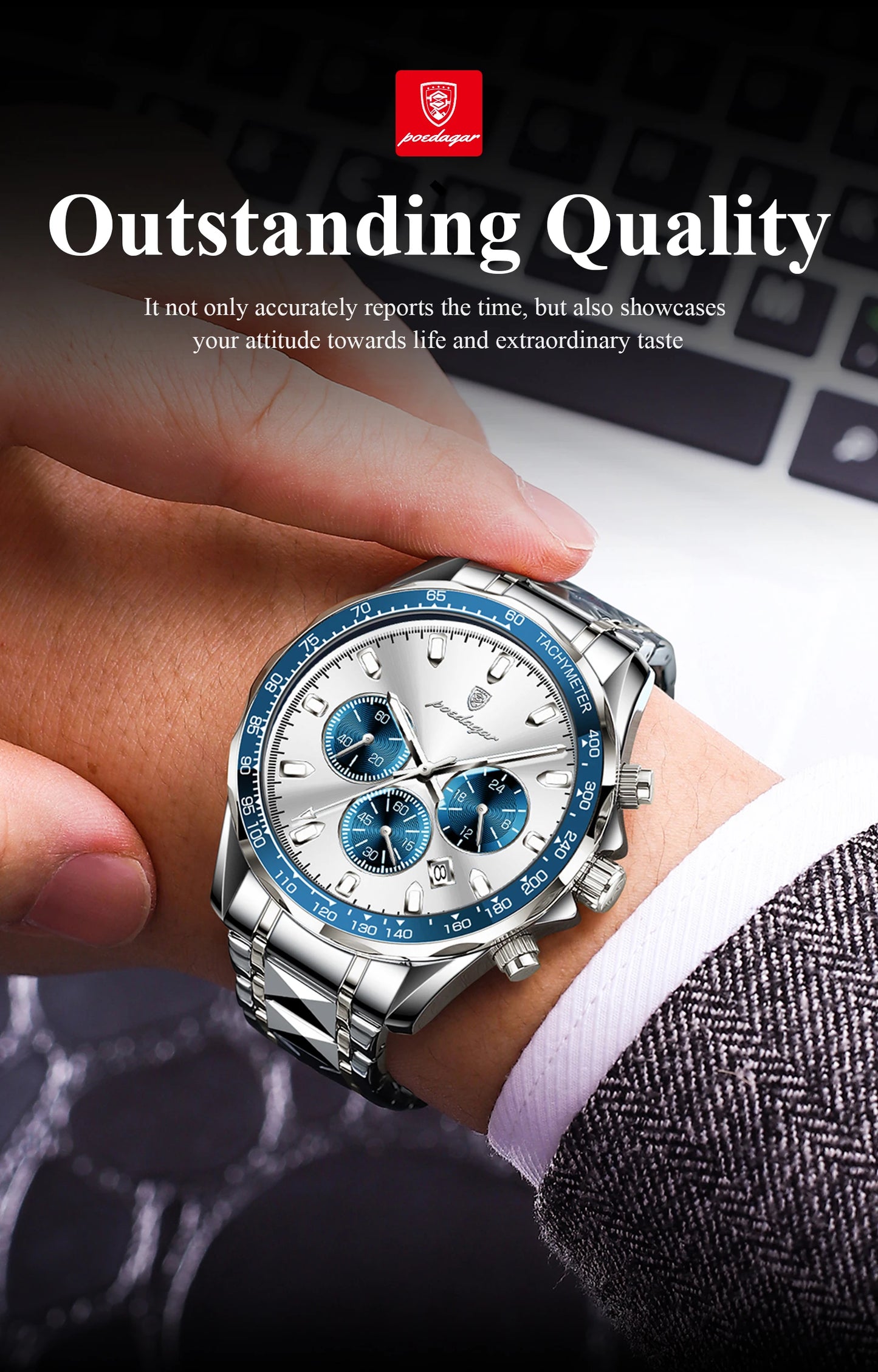 ساعة POEDAGAR للرجال من ماركة الأزياء المقاومة للماء والفولاذ المقاوم للصدأ ساعات رجالية مضيئة كرونوغراف وتاريخ كوارتز ساعة رياضية للرجال