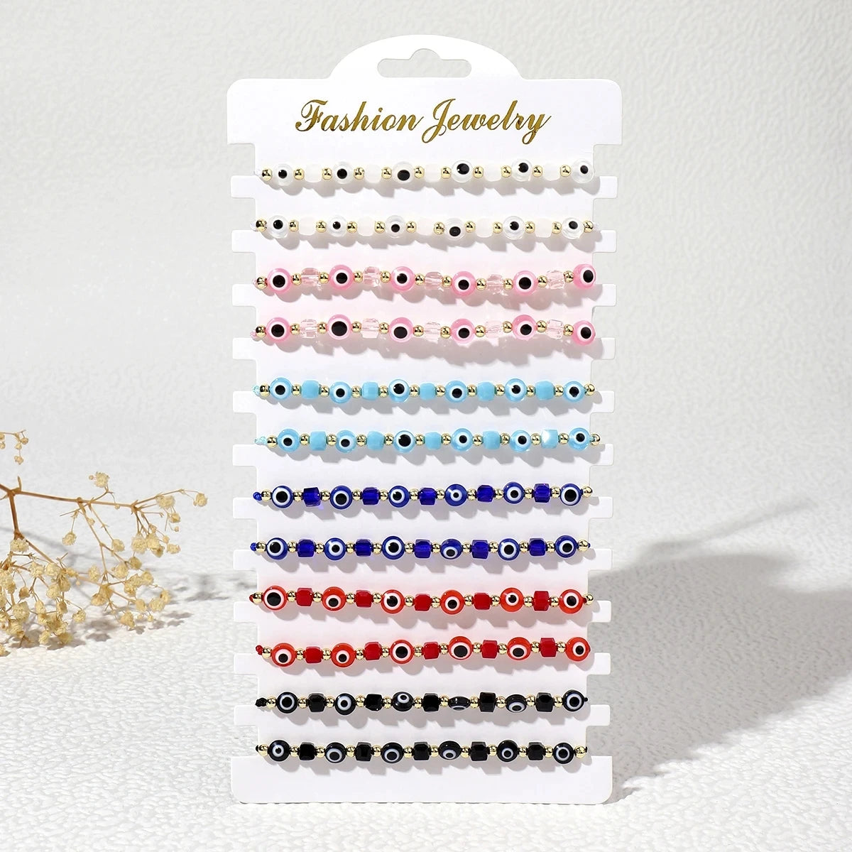 مجموعة أساور كريستال عين الشر - 12 قطعة من أساور الصلاة المصنوعة يدويًا