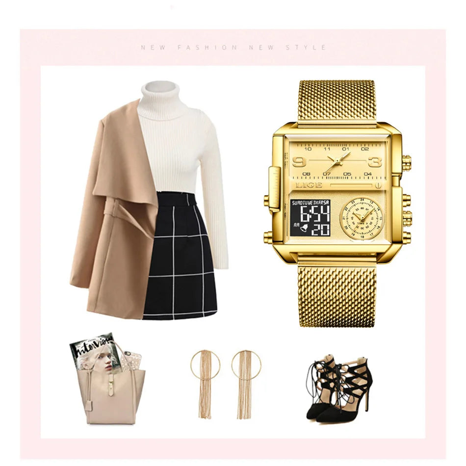 ساعة LIGE 2024 النسائية - ساعة فاخرة مربعة ذات شاشة مزدوجة