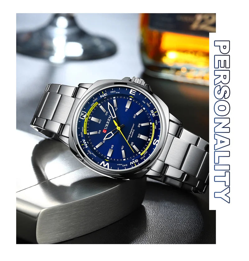 ساعة CURREN 8455 للرجال، كوارتز فضية أنيقة، مناسبة للأعمال والترفيه، باللون الأسود الفضي، مع شاشة عرض تناظرية، وحزام من الفولاذ المقاوم للصدأ للرجال