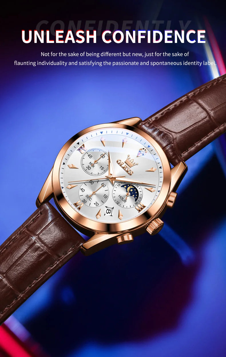 ساعة OLEVS 3609 الأصلية كرونوغراف بمرحلة القمر للرجال بحزام جلدي مقاوم للماء ومضيئة من ماركة فاخرة ساعات معصم كوارتز للرجال