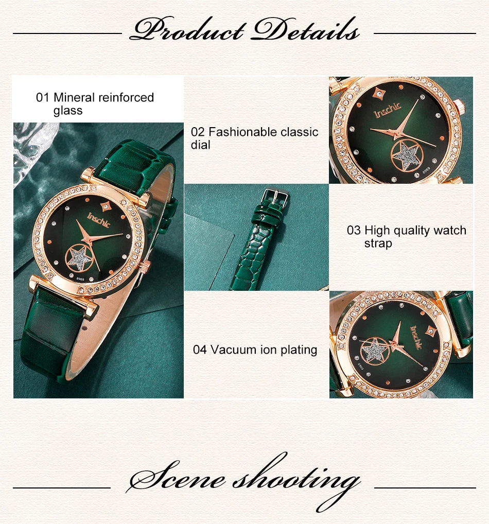 6PCS Set Green Luxury Quartz Watch Women Ring Necklace Earring Rhinestone Fashion Wristwatch Casual Ladies Bracelet Watches
