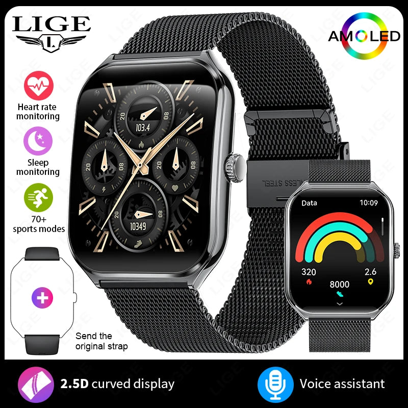 LIGE Ultra Thin Smart Watch - 1.96" AMOLED Curved Display BT Call Heart Rate