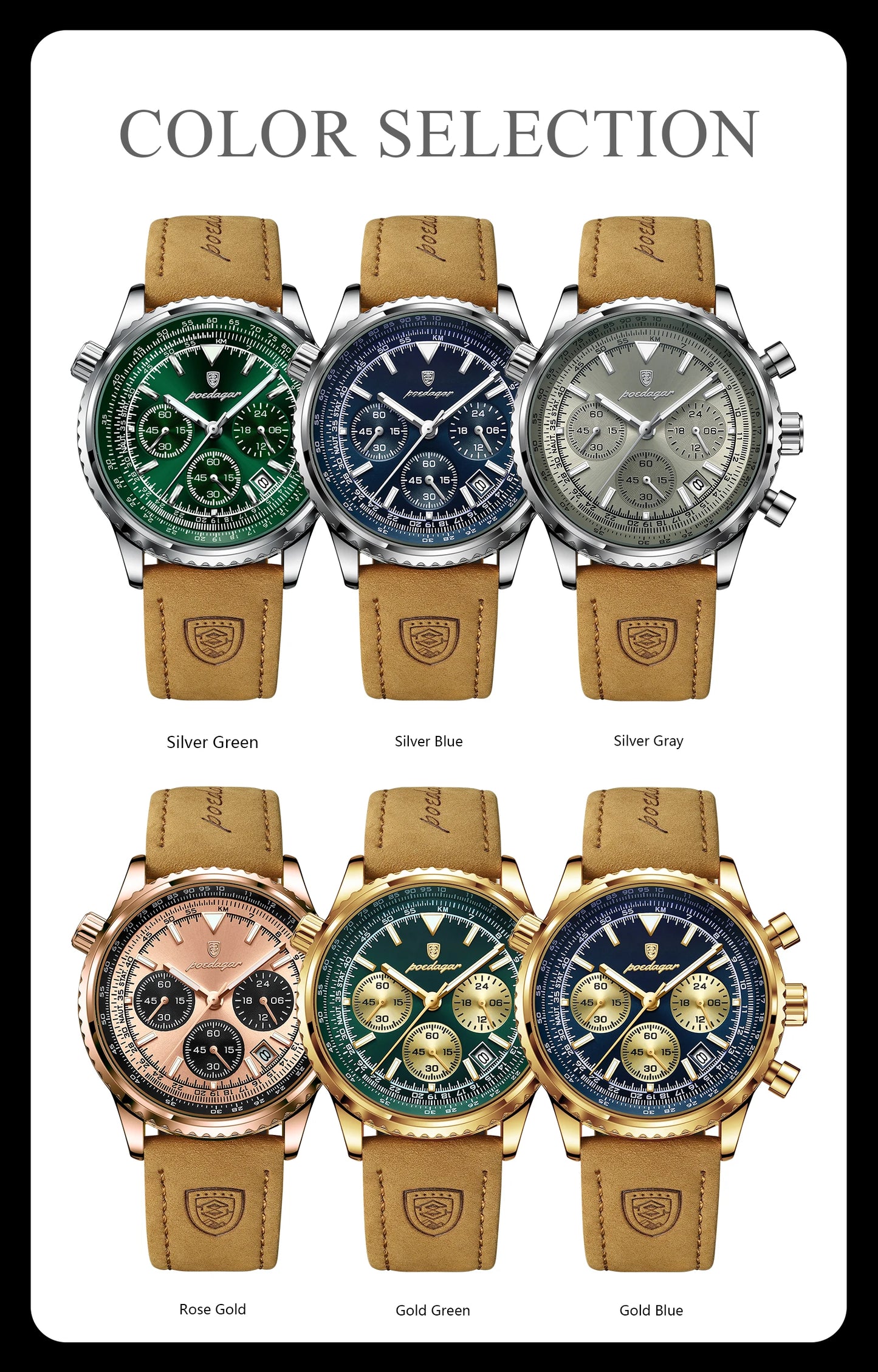 ساعة رجالية فاخرة من ماركة POEDAGAR مقاومة للماء ومضيئة وتاريخ كرونوغراف من الجلد ساعة رجالية كوارتز ساعات عمل أنيقة للرجال