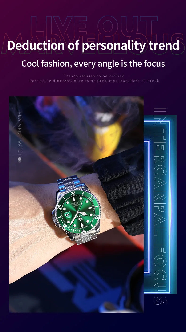 Montre homme OLEVS 6650, classique et originale, automatique, mécanique, avec index en zircon, étanche et lumineuse, en acier inoxydable.