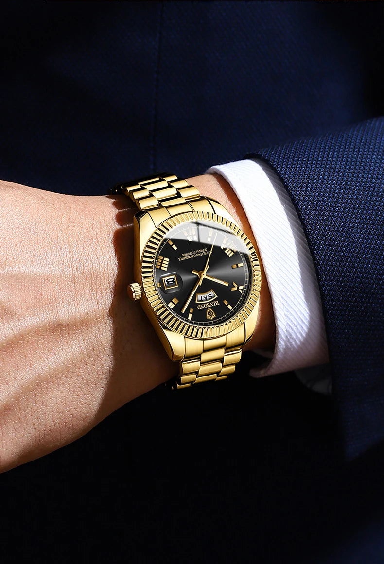 ساعة BINBOND B0733 للرجال فاخرة مقاومة للماء بتقويم مزدوج وإضاءة ليلية من الفولاذ المقاوم للصدأ كوارتز للرجال