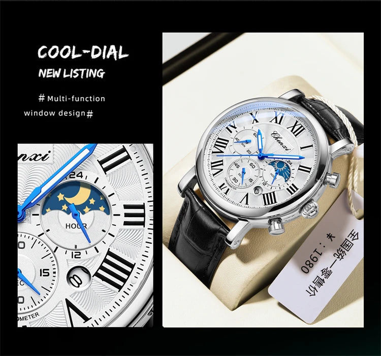 Montre homme CHENXI 973 à quartz, multifonctions, avec phase de lune et date, cadran analogique romain et bracelet en cuir. Idéale comme cadeau.