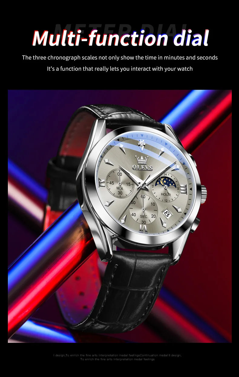ساعة OLEVS 3609 الأصلية كرونوغراف بمرحلة القمر للرجال بحزام جلدي مقاوم للماء ومضيئة من ماركة فاخرة ساعات معصم كوارتز للرجال