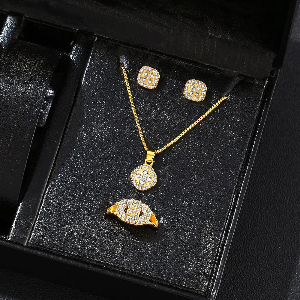 Jewelry Set - Luxury Cube Necklace Earrings Ring Valentine's Gift Set