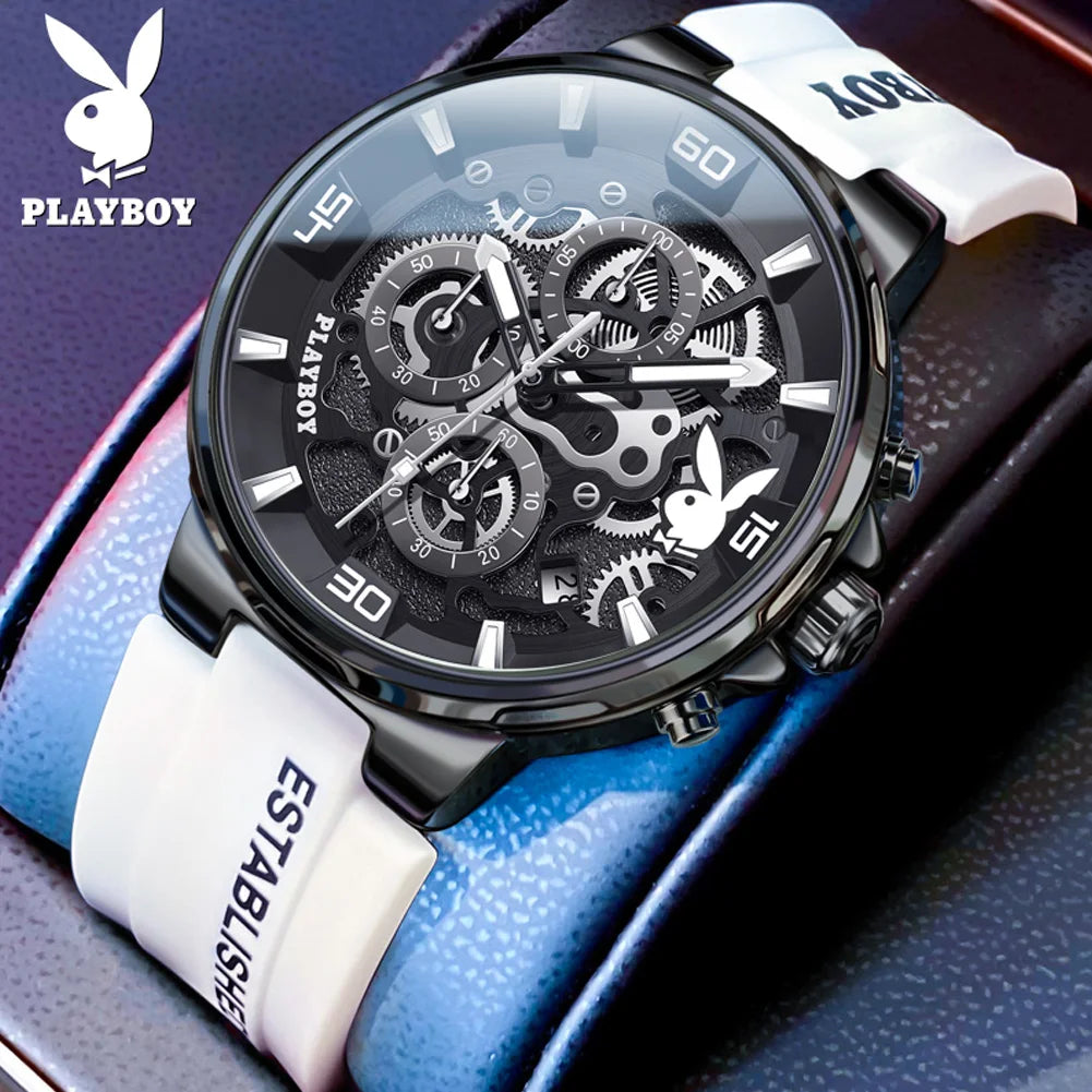ساعة بلاي بوي الأصلية الفاخرة للرجال بحزام من السيليكون وساعة كوارتز أنيقة للرجال مقاومة للماء وساعة رياضية مضيئة للرجال