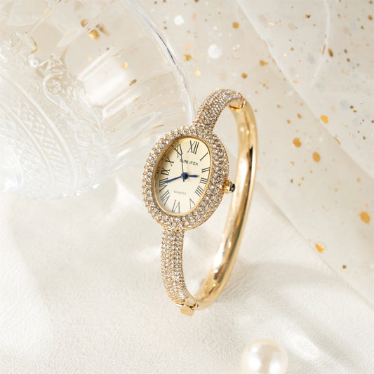Montre de luxe pour femme - Montre ovale étanche avec chiffres romains et strass