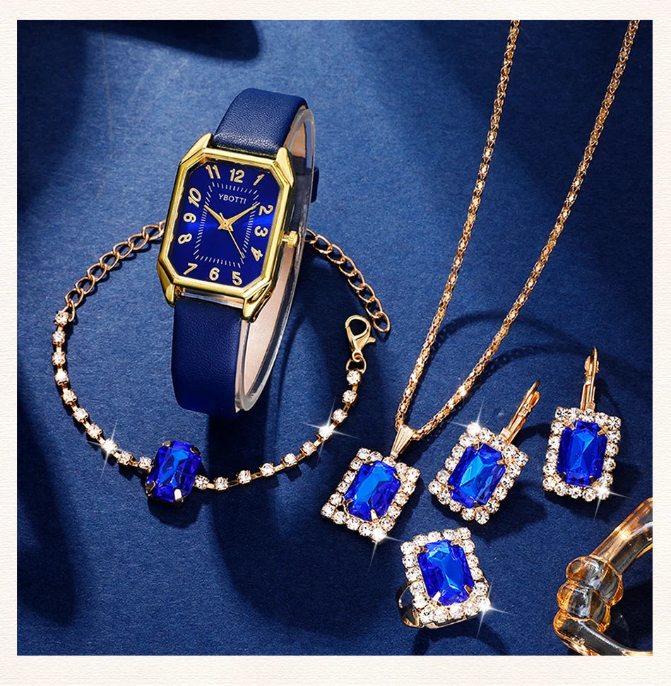 Montre carrée pour femme - Montre-bracelet à quartz avec bracelet en cuir bleu de luxe