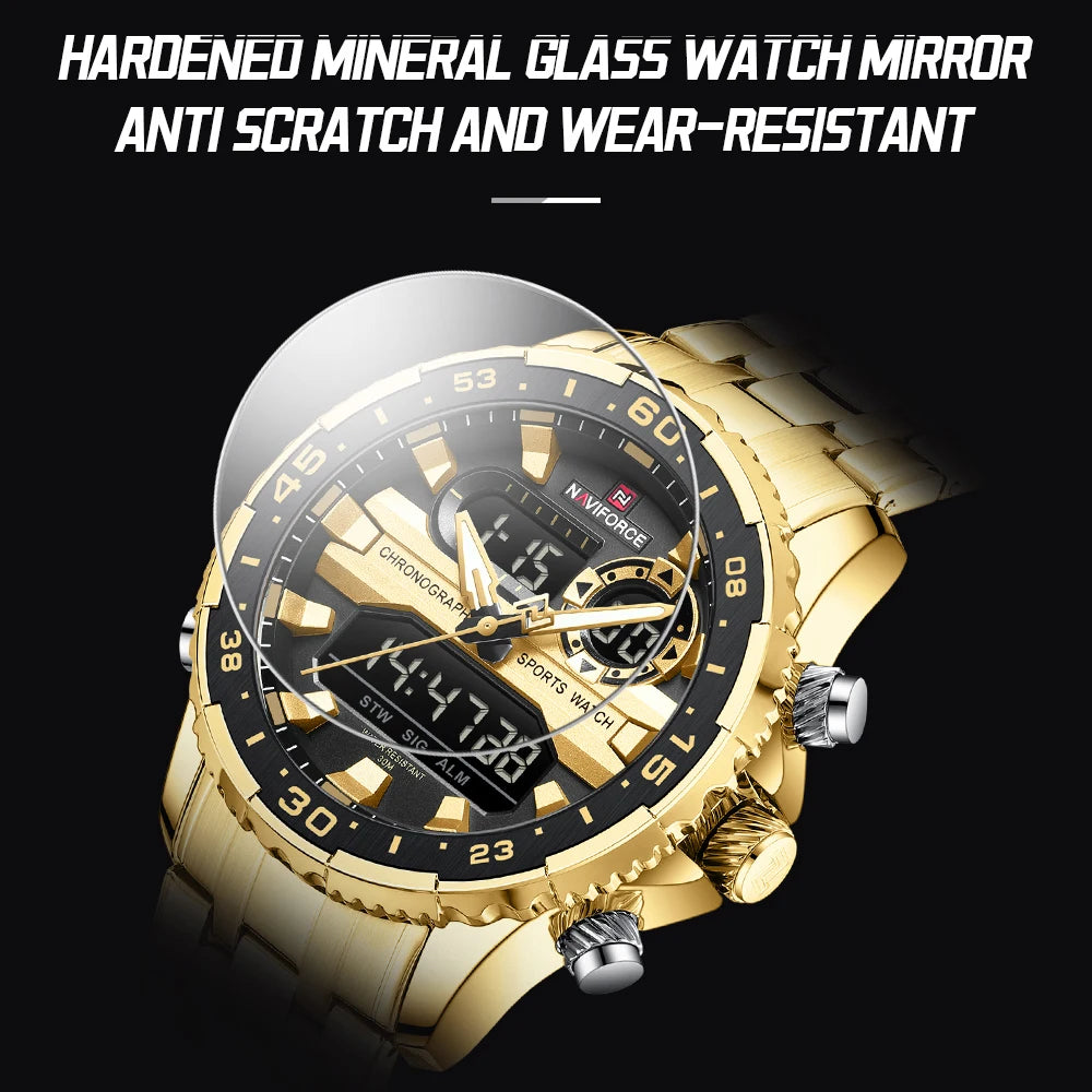 ساعة NAVIFORCE الرياضية الفاخرة للرجال مقاومة للماء وحركة كوارتز كرونوغراف وسوار فولاذي وعرض التاريخ والأسبوع الرقمي