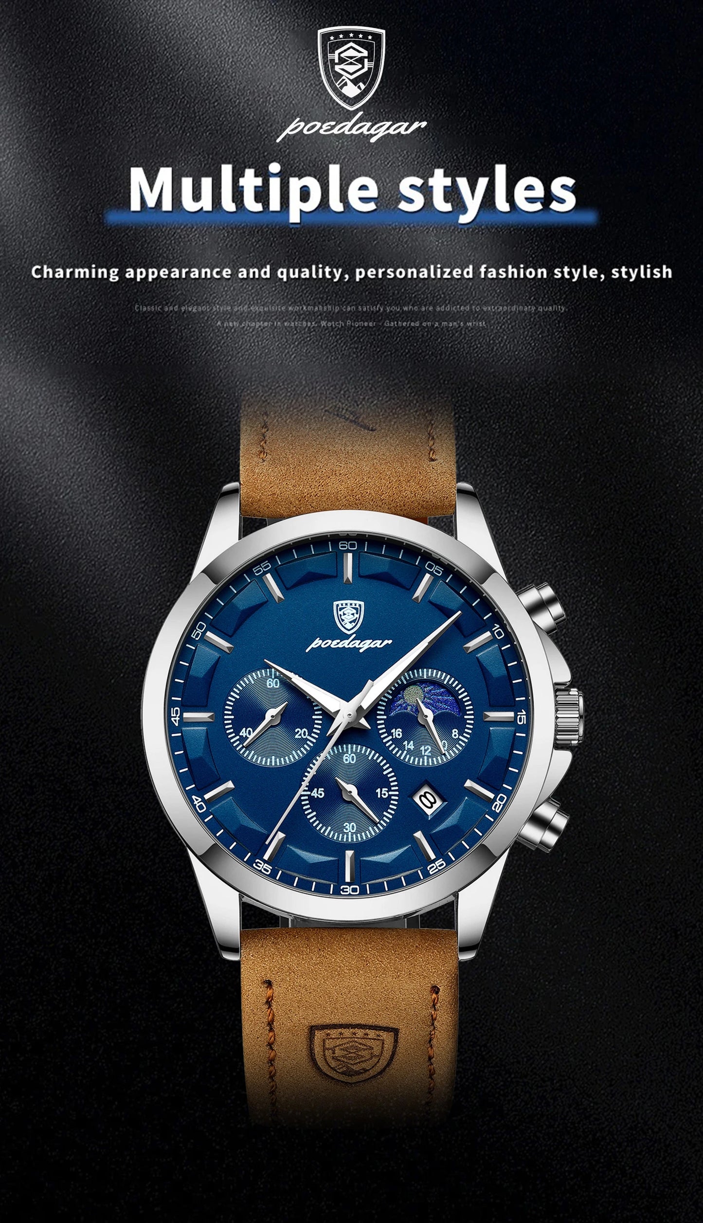 ساعة يد رجالية فاخرة من POEDAGAR مقاومة للماء كرونوغراف مضيئة مع تاريخ للرجال ساعة جلدية رياضية عسكرية كوارتز ساعات رجالية Reloj