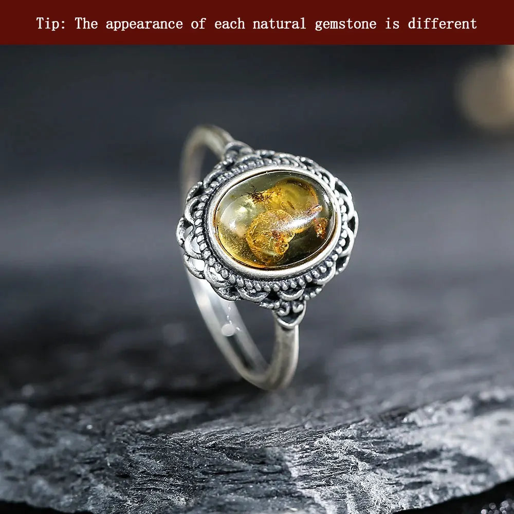 خاتم كهرمان عتيق - خاتم من الفضة الإسترلينية عيار 925 مرصع بحجر طبيعي