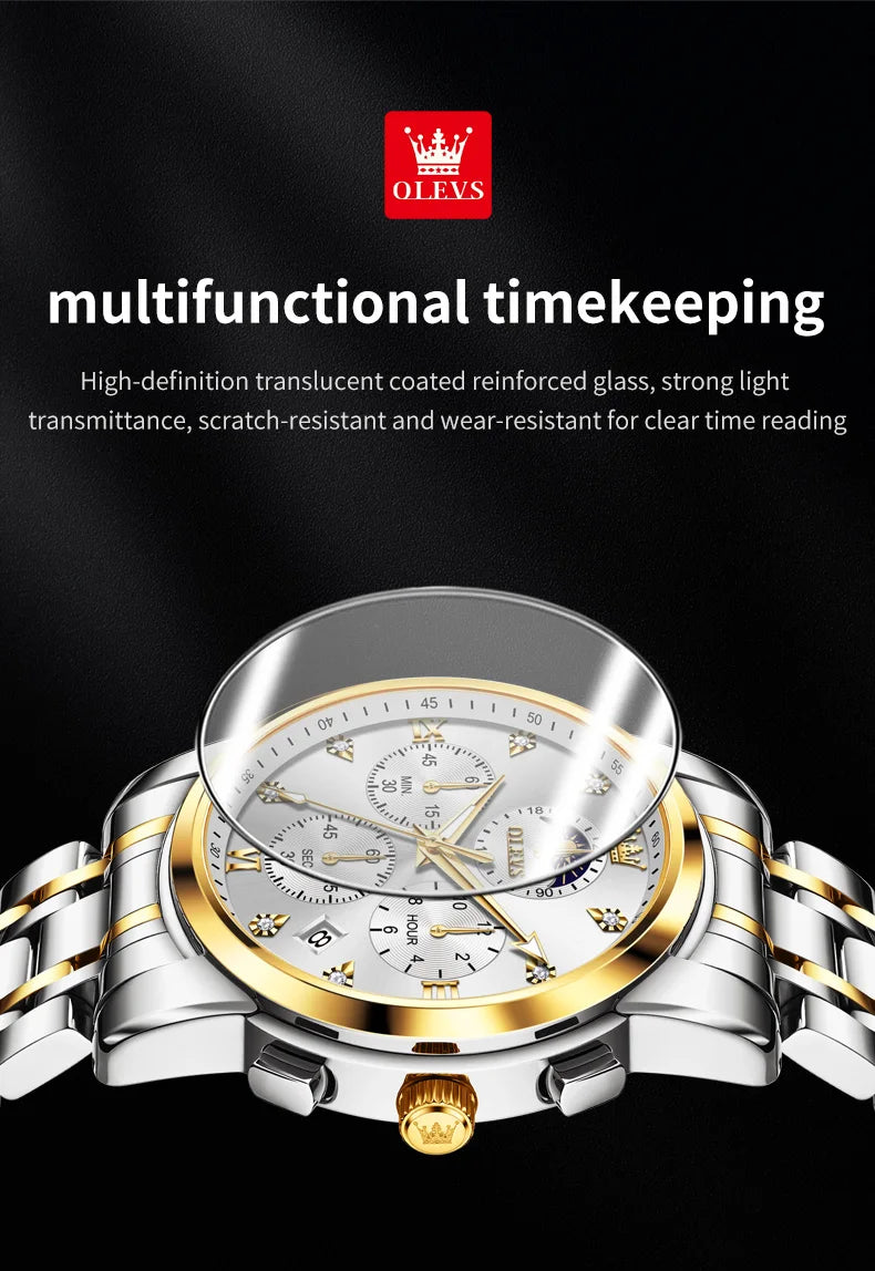 ساعة OLEVS 3655 Moon Phase Classic Three Eye Dial للرجال من الفولاذ المقاوم للصدأ للرجال بإبزيم الفراشة وساعة كوارتز مقاومة للماء