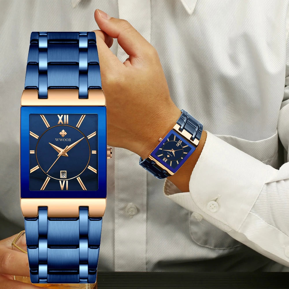 ساعة Relogio Masculino WWOOR الذهبية للرجال، ساعات رجالية مربعة من أفضل العلامات التجارية الفاخرة، كوارتز ذهبي من الفولاذ المقاوم للصدأ، ساعة معصم مقاومة للماء