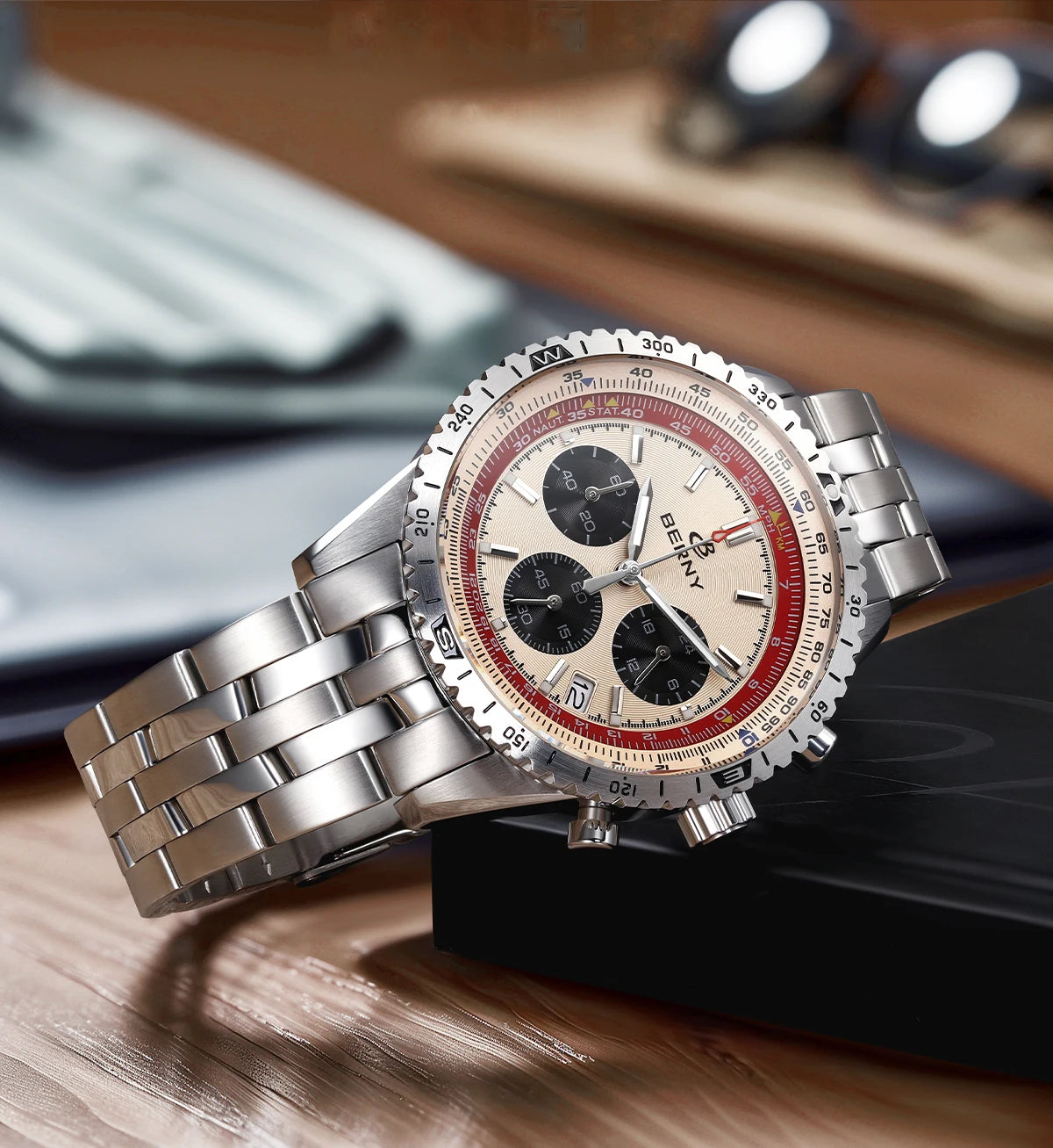 Montre chronographe BERNY pour homme, montre de pilote d'aviation multifonction à quartz avec date, verre saphir et luminescence intense. Montre-bracelet de luxe.