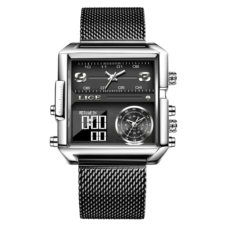 ساعة LIGE 2024 النسائية - ساعة فاخرة مربعة ذات شاشة مزدوجة