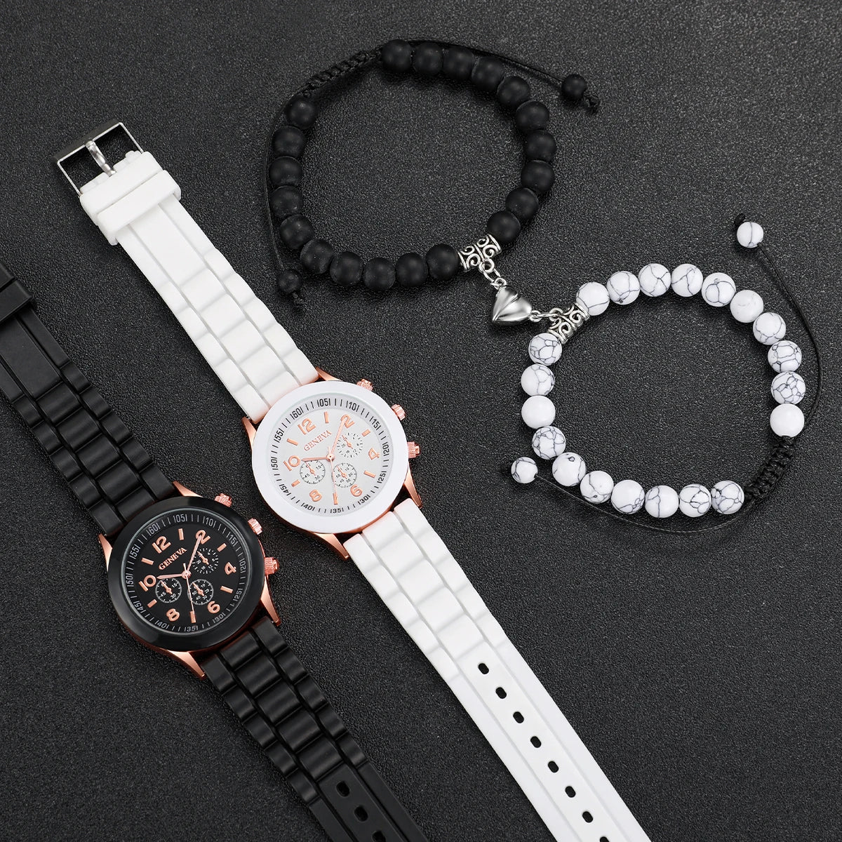 Couple Watch Set - 4pcs Arabic Silicone Band Heart Bracelet Watches