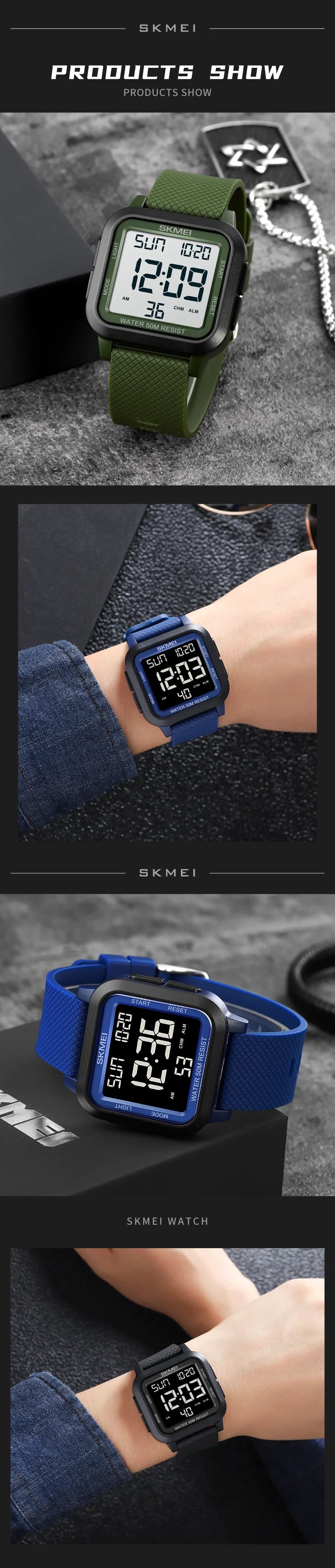 Montre de sport outdoor SKMEI pour homme, alarme, chronographe, étanche 5 bar, style militaire, affichage LED, résistante aux chocs, montre numérique, reloj hombre