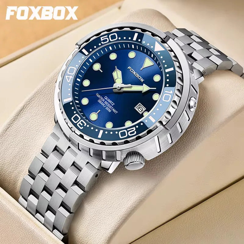 Montre homme FOXBOXE à quartz, style sport décontracté, étanche 5 ATM, avec affichage lumineux et lunette en acier, date.