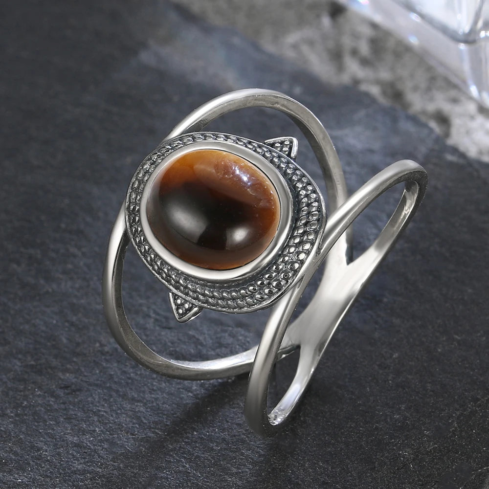 خاتم عين النمر - خاتم إصبع السبابة من الفضة 925 بتصميم زهرة عتيقة