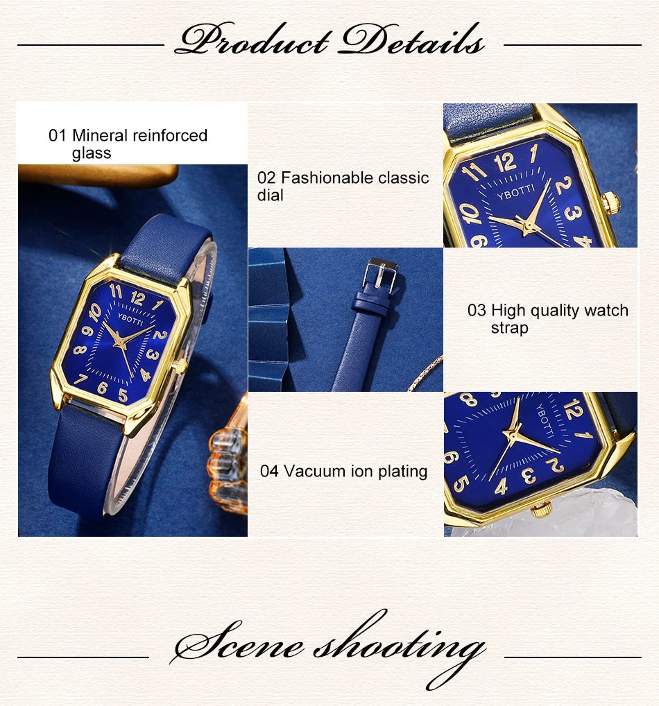 Montre carrée pour femme - Montre-bracelet à quartz avec bracelet en cuir bleu de luxe
