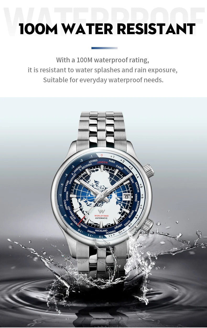 Montre WM automatique mécanique pour homme, haute qualité, verre saphir, heure mondiale, marque originale reconnue Welly Merck, référence WM057