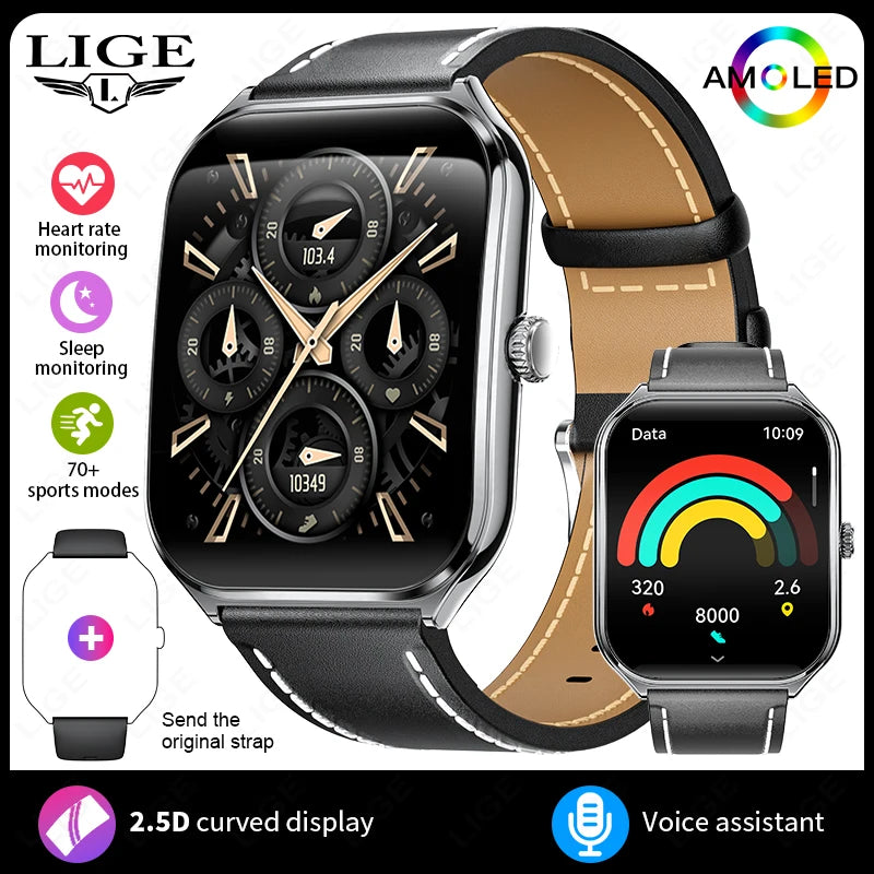 LIGE Ultra Thin Smart Watch - 1.96" AMOLED Curved Display BT Call Heart Rate