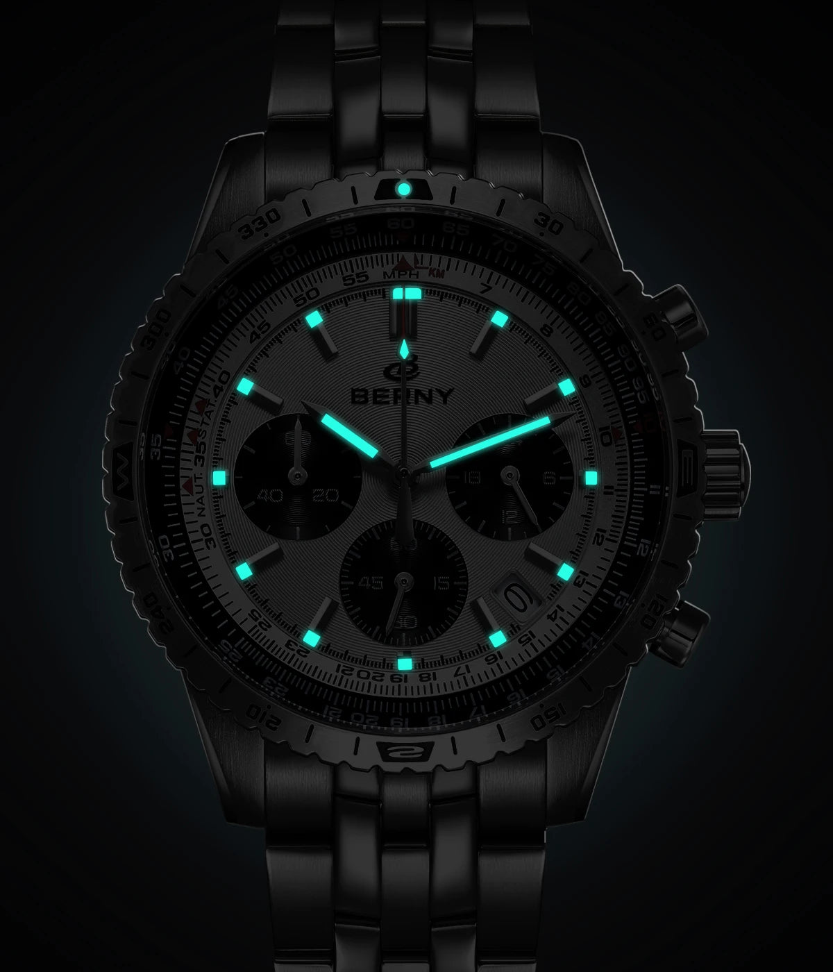 Montre chronographe BERNY pour homme, montre de pilote d'aviation multifonction à quartz avec date, verre saphir et luminescence intense. Montre-bracelet de luxe.