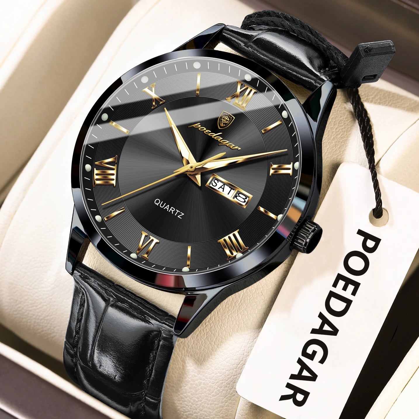 ساعة يد رجالية كلاسيكية فاخرة من POEDAGAR، ساعة رجال أعمال جلدية مقاومة للماء ومضيئة، ساعات كوارتز أنيقة للرجال
