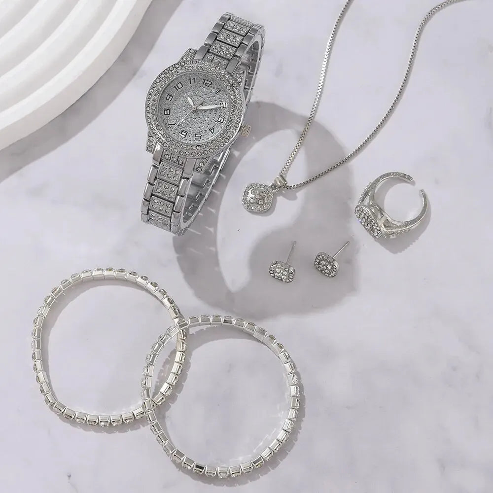 Coffret de 6 montres de luxe pour femmes, ornées de cristaux et de strass, à quartz.