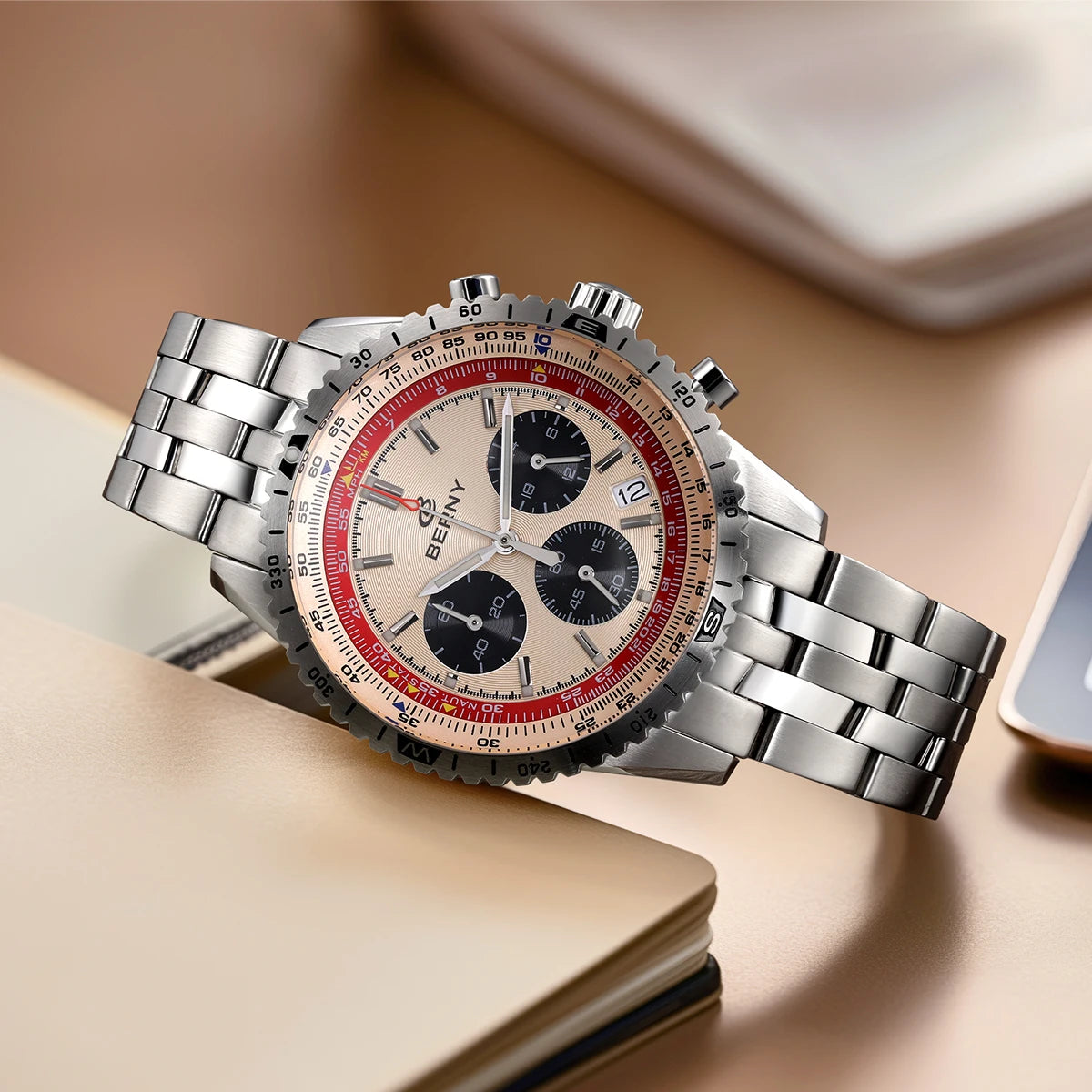 Montre chronographe BERNY pour homme, montre de pilote d'aviation multifonction à quartz avec date, verre saphir et luminescence intense. Montre-bracelet de luxe.